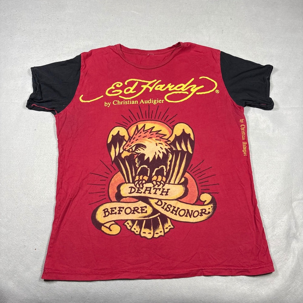 Ed Hardy Christian Audigier Mens Red Black Death Before Dishonor Eagle T-Shirt